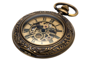 Vintage pocket watch with ornate detailing and visible mechanical gears. Timeless elegance and craftsmanship perfect for collectors and enthusiasts. png