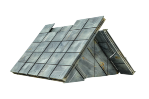 Modern steel and glass architectural structure resembling a tent. Industrial design emphasizing geometric lines and sleek appearance. png