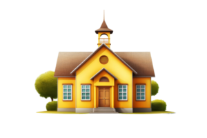 A yellow schoolhouse with a white roof and a green tree in front of it. The house has a clock on the front and a bell on top of the roof png