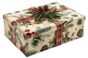 A white box with a red ribbon and pine cones on it. The box is decorated with a Christmas theme png
