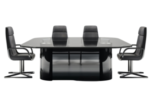 A black glass table with four chairs around it. The table is large and rectangular in shape png
