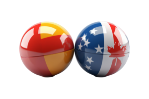Two eggs with a red and yellow border and a blue and white border. The eggs are decorated with stars and a maple leaf png