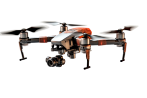 A drone with a black body and orange wings. The drone is in the air and has a camera on it png
