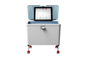A white box with a tablet inside of it. The tablet is open and the screen is on png