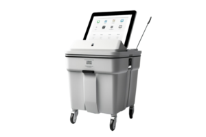 A white box with a screen on top of it. The box is on wheels and has a remote control on top of it png