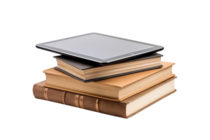 A stack of books with a tablet on top png