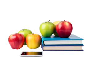 A book with a bunch of apples on top of it. The apples are green, red, and yellow png