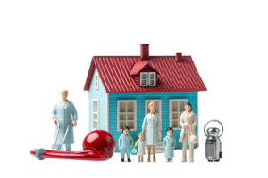 A family of five is standing in front of a blue house. The house is surrounded by a red roof and a red ball. The family appears to be posing for a photo, and the scene gives off a warm png