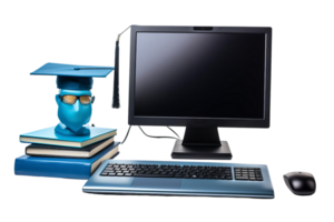 A computer monitor sits on a desk with a stack of books and a blue head with glasses png