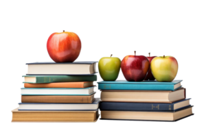A stack of books with apples on top of them. The apples are green and red. The books are piled on top of each other png