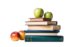 A stack of books with apples on top. The apples are green and red. The books are of different sizes and colors. Concept of knowledge and learning png