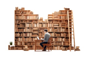 A man sits at a desk in front of a large library of books. He is using a laptop computer png