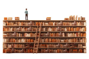 A man is standing on a ladder in front of a very tall bookcase. The books are arranged in rows and are of various sizes. Concept of curiosity and exploration, as the man looks up at the books png