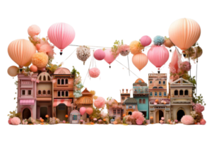 A colorful scene of a town with many buildings and balloons. The balloons are pink and yellow, and they are scattered throughout the scene. The buildings are also pink and yellow png
