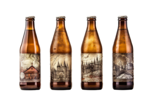 Four bottles of beer with different designs on them. The designs include a castle, a house, a church, and a castle png