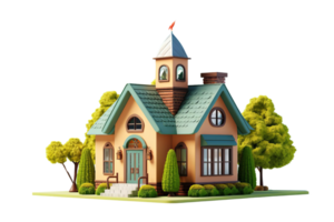 A cartoon house with a green roof and a red flag on top. The house is surrounded by trees and has a green bush in front of it png