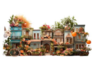 A colorful street scene with houses and trees, and a bicycle in the foreground. The scene is lively and full of color, with flowers and plants everywhere. Scene is cheerful and vibrant png