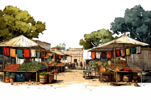 A drawing of a market with a variety of fruits and vegetables for sale. The market is bustling with activity and the atmosphere is lively and colorful png