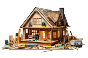 A house with a lot of tools and equipment scattered around it. Scene is that of a construction site or a workshop png