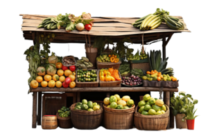 A fruit stand with a variety of fruits and vegetables. The stand is set up in a way that makes it easy for customers to see and access the produce. Scene is bright and inviting png