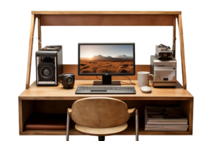 A computer desk with a keyboard, mouse, and monitor. A cup of coffee is on the desk png