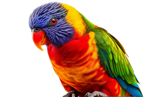 A colorful parrot is perched on a branch. The bird's bright colors and its position on the branch create a sense of liveliness and energy png