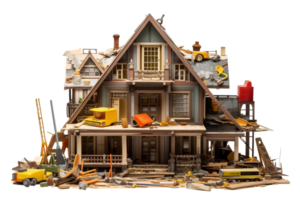 A house is in the process of being built, with many tools and materials scattered around. Scene is chaotic and busy, with a sense of progress and hard work png