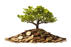 A tree is growing on top of a pile of coins. The coins are of different sizes and colors, and they are scattered all over the tree. Concept of abundance and prosperity png