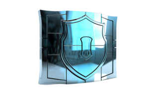 A silver shield with a blue emblem on it. The shield is reflective and has a shiny appearance png