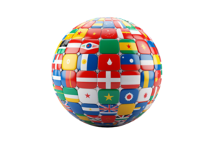 A colorful globe with flags from many countries. The globe is a symbol of unity and diversity. The flags represent the different cultures and nations that make up our world. Concept of global harmony png