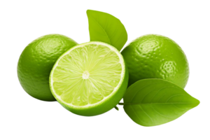 Three green limes with one cut open. The cut lime is in the middle of the other two png