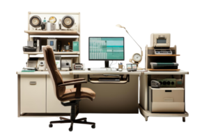 A computer desk with a brown chair and a computer monitor. The desk is cluttered with various items, including a clock, a keyboard, and a mouse. Scene is that of a busy workspace png