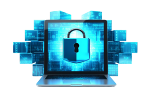 A laptop screen shows a blue lock with a key on it. The lock is surrounded by a blue background with many cubes. Concept of security and protection png