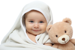 A baby is sitting on a white towel with a teddy bear on its lap. The baby is smiling and looking at the camera, creating a warm and happy atmosphere png