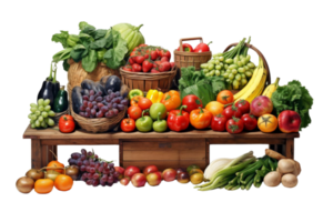 A table full of fruits and vegetables. The table is covered with a variety of fruits and vegetables, including apples, oranges, bananas, and grapes. The arrangement of the produce creates a colorful png