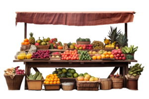 A fruit stand with a variety of fruits and vegetables on display. The stand is set up on a wooden table with a red cloth covering it. The fruits and vegetables are arranged in baskets and crates png