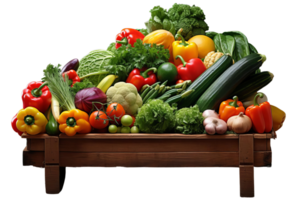 A wooden crate filled with a variety of fresh vegetables including broccoli, carrots, and tomatoes. The crate is overflowing with produce, creating a sense of abundance and freshness png