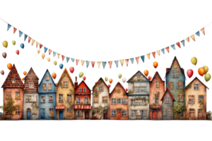 A row of colorful houses with a banner of balloons hanging over them. The houses are decorated with balloons and flags, creating a festive and lively atmosphere png