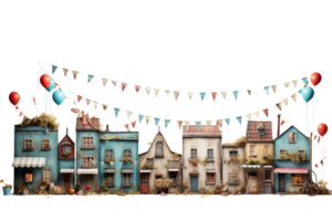A row of houses with flags hanging from the roofs and balloons in the foreground. The scene is lively and colorful, giving off a festive and cheerful vibe png