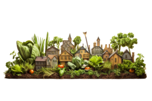 A garden scene with houses made of vegetables and fruits. The houses are made of carrots, tomatoes, and lettuce png