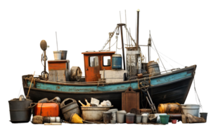 A boat is covered in trash and debris. The boat is old and has a lot of junk on it. The scene is messy and disorganized png