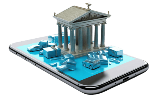 en cell telefon skärm visar en byggnad med pelare och en bil i främre av Det. de bil är omgiven förbi skräp, och de byggnad är i de bakgrund. begrepp av kaos och förstörelse, med de bil png