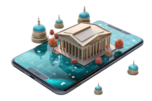 A phone screen shows a building with a dome on top. The building is surrounded by other buildings and trees png