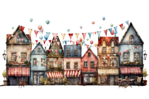 A colorful street scene with houses and awnings, with a banner hanging from the top of the buildings png