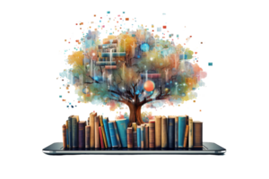 A tree with many books surrounding it. The tree is the main focus of the image. The books are scattered around the tree, with some on the ground and others on the branches png