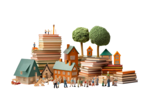 A group of people are standing in front of a pile of books. The books are stacked on top of each other, creating a sense of depth and height. The people are arranged in various positions png