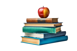 A stack of books with an apple on top. The apple is red and shiny. The books are of different sizes and colors png
