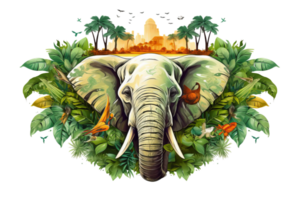 A drawing of an elephant with a bunch of leaves and trees around it. The elephant is the main focus of the image png