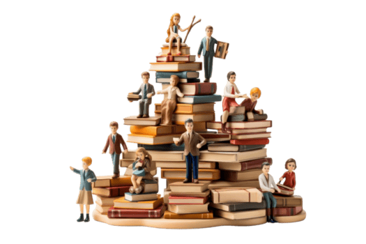 un' gruppo di persone siamo seduta su superiore di un' pila di libri. il persone siamo di diverso età e taglie, e essi siamo tutti Tenere libri. il scena è significava per rappresentare il importanza di lettura png