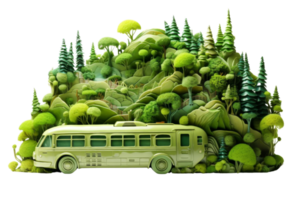 A green bus is surrounded by trees and plants. The bus is the main focus of the image, but the trees and plants create a lush, natural environment. Concept of peace and tranquility png